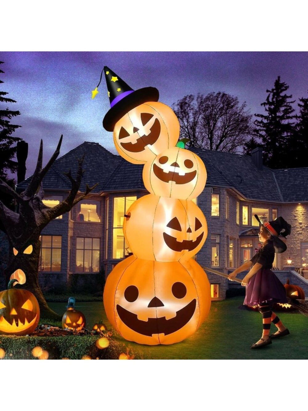 🎃8 Feet High Halloween Inflatable Stacked Pumpkins Blow Up Build-in LED Light
